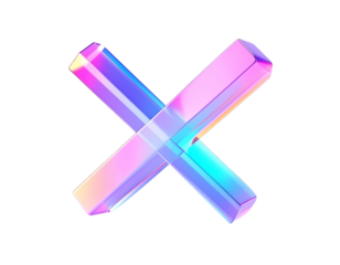 Geometric "X" shape, transparent, iridescent, against black background