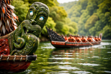 Maori waka canoe with wooden carvings and rowers on a river for Waitangi Day celebration.