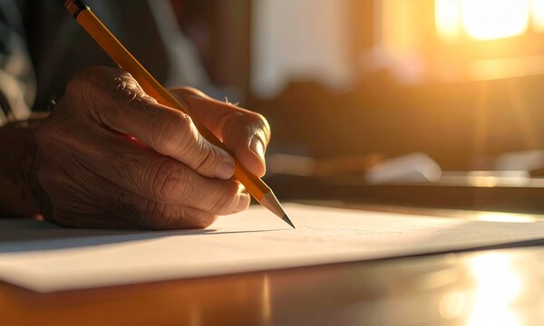 Close-up of a hand sketching with a yellow pencil on white paper