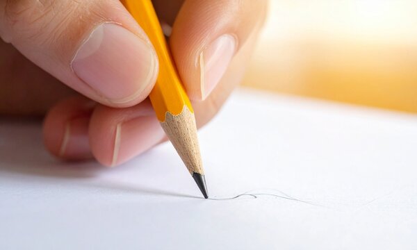 Close-up of a hand sketching with a yellow pencil on white paper