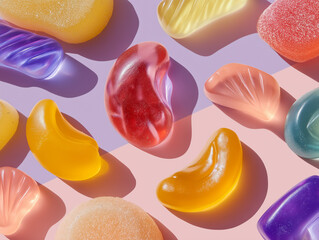 Minimal abstract background made of translucent gummy jelly shapes, smooth agar agar texture, soft pastel color palette