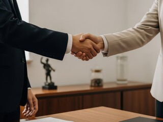 Two business professionals shaking hands in an office setting with a statue