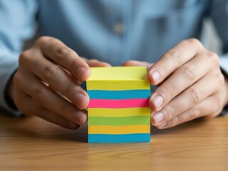 Hands holding colorful sticky notes on a wooden desk in a closeup view