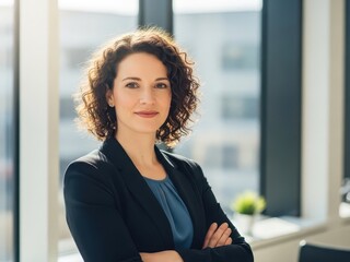 Confident businesswoman standing with her arms crossed in an office with a blurred city view