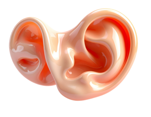 Two linked, glossy ears in a warm palette, on black background