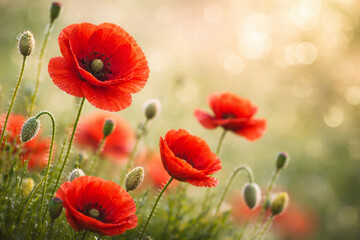 Naklejka premium Poppy flowers blooming in field at sunset, symbol Anzac Day, Remembrance Day and Lest We Forget concept.