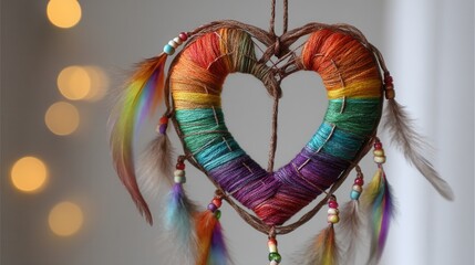 Fototapeta premium Valentine’s Day with an LGBT concept Colorful heart decoration with feathers and beads hanging against a soft background.