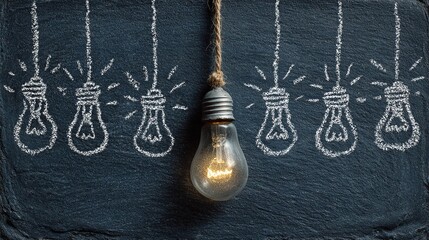 a chalkboard background with a white drawn light bulbs mixed together with real light bulb on