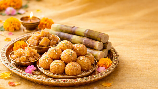Baisakhi festival background with Punjabi sweets, sugarcane and oil lamp on golden silk.