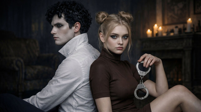 Psychological dark romance couple with symbolic tension