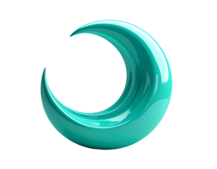 Glossy, teal crescent moon graphic floating against a solid black backdrop