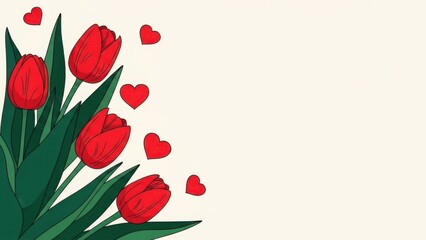 Vibrant red tulips and hearts on cream background for Valentine's Day