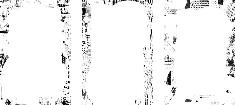 Grunge mask overlay set. Border frame clipping mask collection for trendy cyber punk posters . Glitched layer ,grunge textured, distressed effect .Vector halftone dots screen print texture.