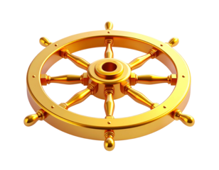 Gleaming golden ship's wheel isolated against a black background