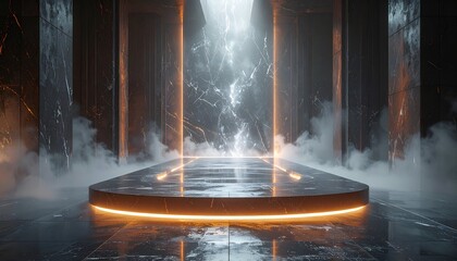 Futuristic grand hall with a glowing stage and vapor ambiance