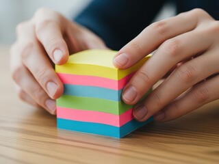 Hands holding stack of colorful sticky notes on wooden desk