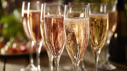 A row of wine glasses with different colored wine or champagne in them.