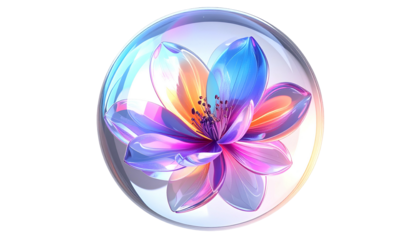 Vibrant floral design encapsulated within a transparent, spherical bubble