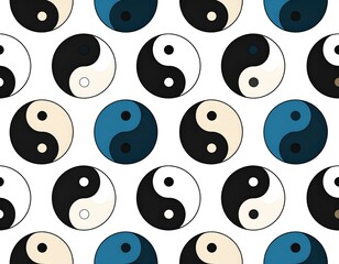 A repeating pattern of Yin Yang symbols in various colors on white