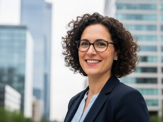 Portrait of smiling businesswoman wearing glasses standing outside office building