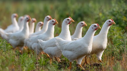 Obraz premium White hens in the field .