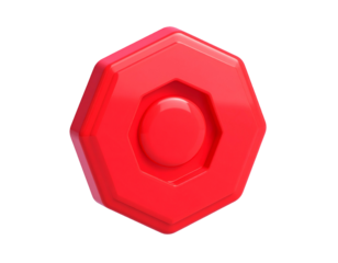 3D rendered, shiny red, octagonal emblem with a central circle