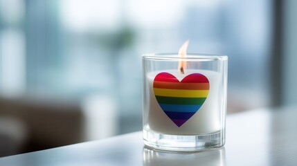 Valentine’s Day with an LGBT concept Candle with rainbow heart design, symbolizing love and inclusivity.