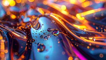 Abstract macro shot of liquid with iridescent colors and bokeh highlights