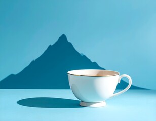White teacup casts a mountain shadow on a vibrant blue background