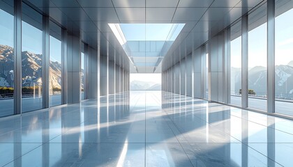 Modern, spacious, light-filled interior with expansive windows and mountain views