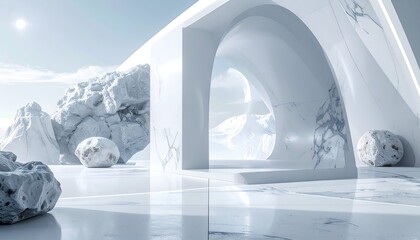 Modern architectural fantasy with marble, sky, mountains, and ethereal light