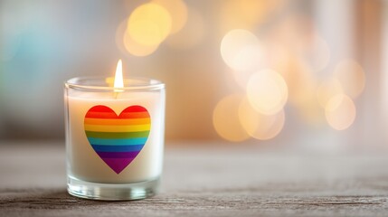 Valentine’s Day with an LGBT concept Candle with rainbow heart design and warm bokeh background.