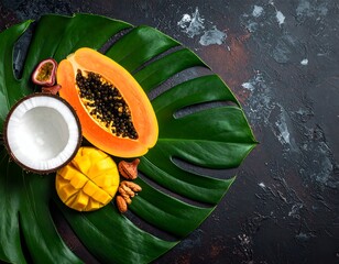 Exotic fruits on a large green leaf against a textured dark background