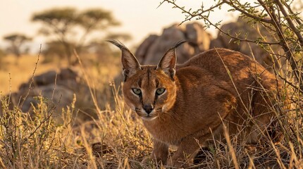 Caracal Cat in Golden African Savanna