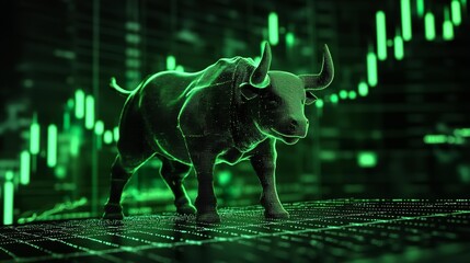 The bullish market trend with a bull and charts. Crypto and the stock market are rising showing growth and uptrend.
