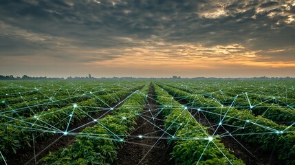 Green farm field with glowing blue digital grid overlay at the sunrise