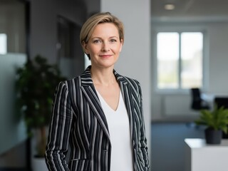 Smiling businesswoman standing in a modern office with a blurred background and a plant