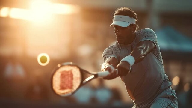 A professional tennis player demonstrates athleticism and accuracy by making a strong shot during a match on a sunny day.