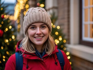 Smiling woman in red jacket and knit hat standing in front of christmas tree with lights on background