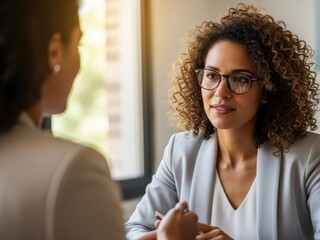 Two businesswomen in conversation at office with natural light