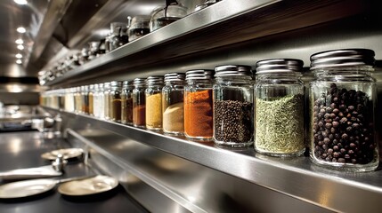 Colorful spice and seed jars neatly lined up on wooden shelves create an organized and vibrant display in a simple, minimalist style