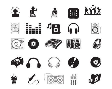Dynamic set of music and dj equipment icons depicting audio gear and entertainment
