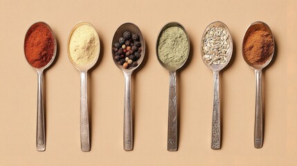 Overhead view of six Spoons filled with assorted spices including pink peppercorns, star anise, poppy seeds, curry powder and turmeric
