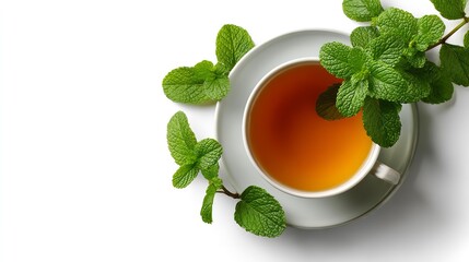 A cup of tea with some fresh mint .