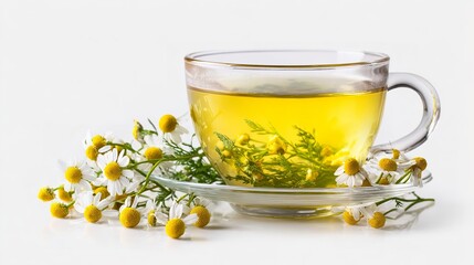 A mug of tea with chamomile flowers floating in it.
