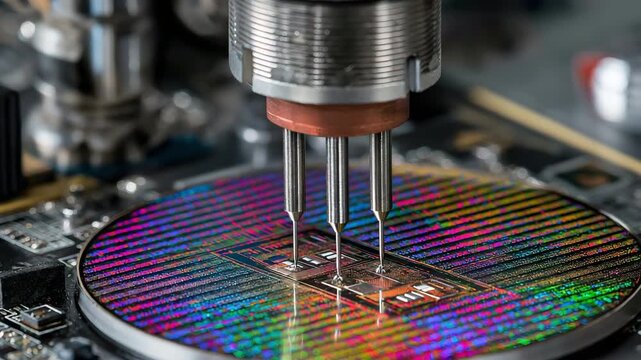 silicon wafer with needles for semiconductor testing on the probe station, looking at a microchip transistor sample