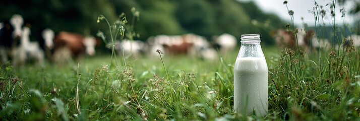 A white milk bottle and a glass on the grass is the main focus in front of a blurred herd of cows.