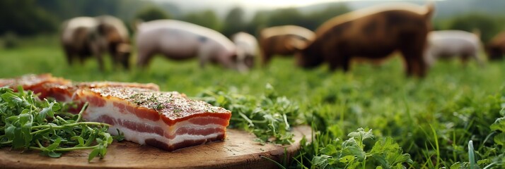 A few pieces of meat are on a wooden cutting board in front of a field of grass. The main focus in the front of the image is pork meat.