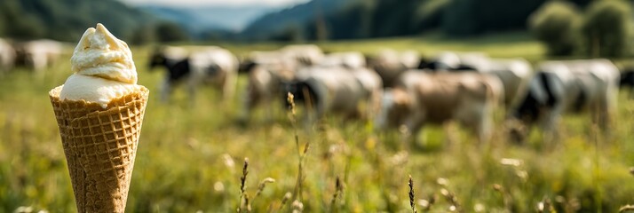 A white milk ice-cream in a corn on the grass is the main focus in front of a blurred herd of cows.