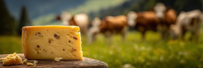 Cheese on the wooden surface is the main focus in front of a blurred herd of cows.